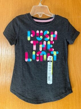 Girls 4/5 Charcoal Short-Sleeve Tee with Neon Pink, Blue & Yellow Graphic